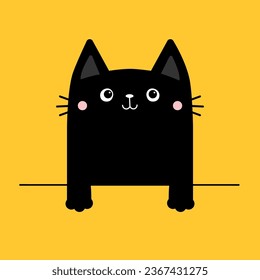 Black square cat. Kittens with hands. Paw print on the table. Funny Kawaii animal. Cute cartoon baby character. Pet collection. Flat design Yellow background. Vector illustration