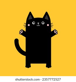 Black square cat ready for a hugging. Open hand paw print. Kitty standing reaching for a hug. Funny Kawaii animal. Cute cartoon baby character. Pet collection. Flat design Yellow background. Vector