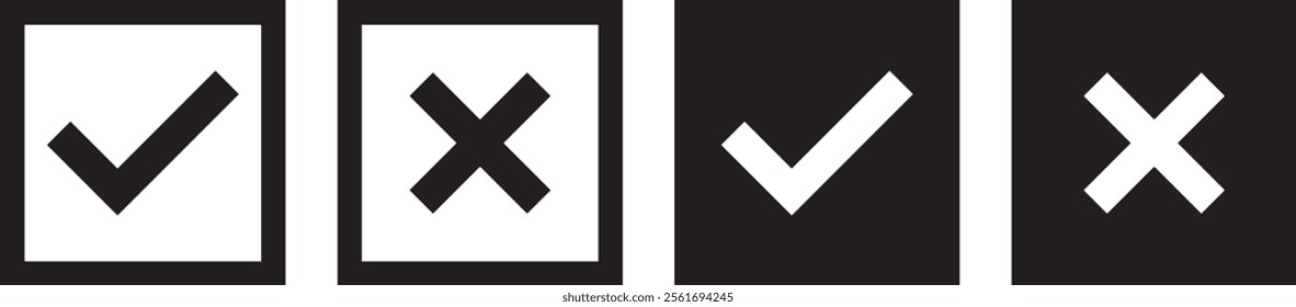 black square check mark and black square cross mark. flat icon design. vector illustration