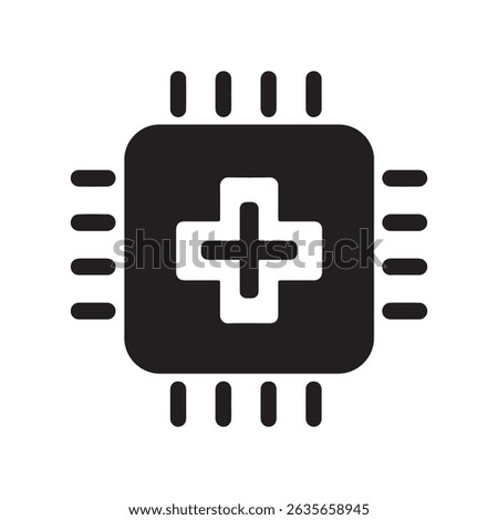 Black square chip with rounded corners and a white plus sign in the center and pins around it
