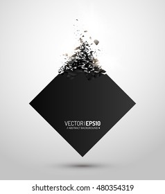 Black square with debris on white background. Abstract black explosion. Geometric background. Vector illustration