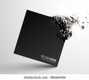 Black square with debris on white background. Abstract black explosion. Geometric background. Vector illustration