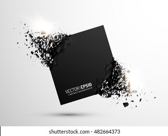 Black Square With Debris On White Background. Abstract Black Explosion. Geometric Background. Vector Illustration