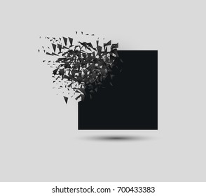 Black square with debris on white background. Abstract black explosion. Geometric background. Vector illustration