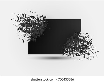 Black square with debris on white background. Abstract black explosion. Geometric background. Vector illustration