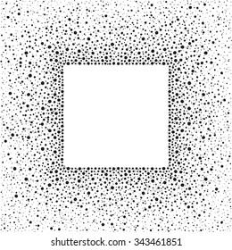 Black square dots frame with empty space for your text and splash texture. Abstract background made of spots or blobs of various size. Square shape. Black and white frame template.