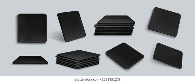 Black square drink coasters mockup set - beverage mats from multiple angles, one and stacked together, with soft shadows on light gray background. Realistic template of table protection accessories.