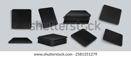 Black square drink coasters mockup set - beverage mats from multiple angles, one and stacked together, with soft shadows on light gray background. Realistic template of table protection accessories.