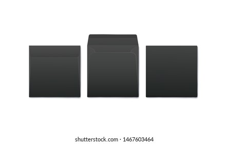 Black square envelope mockup - open and closed from front and back view. Realistic branding template for letter mail post or business document, isolated vector illustration on white background