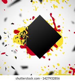 Black square with explosion effect on white background with blots and debris. Vector illustration for banner, backdrop, invitation, poster, web template. 
