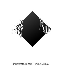 Black square with explosion effect on white background with debris. Vector illustration for banner, backdrop, invitation, poster, web template. 