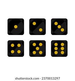 Cubo cuadrado negro de la cara uno dos tres cuatro cinco seis puntos de juego de dados de diseño del vector de icono plano