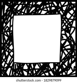 Black square frame, chaotic hatching mesh. Black and white design element for decoration. Simple doodle border colorless copy space