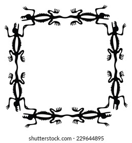 Black square frame with dragons or lizards, vector illustration