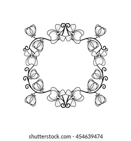 Black square frame with line art flowers for wedding design. Vector illustration