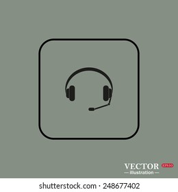 Black square frame on a green background. Headphones. Musical accessory,   vector illustration, EPS 10