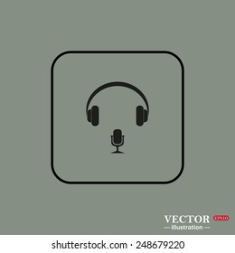 Black square frame on a green background. Headphones. Musical accessory,   vector illustration, EPS 10