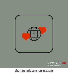 Black square frame on a green background.  Icon planet and two red hearts. Symbol of love between the nation. Globe.  vector illustration, EPS 10 