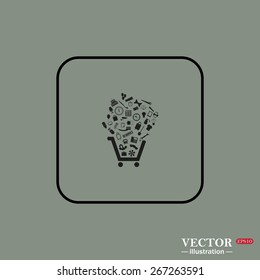 Black square frame on a green background.  Set of icons. Put into shopping cart. Great buy. Cart of goods. Supermarket, web icon. vector design