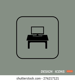 Black square frame on a green background. Computer desk, workplace. icon. vector design