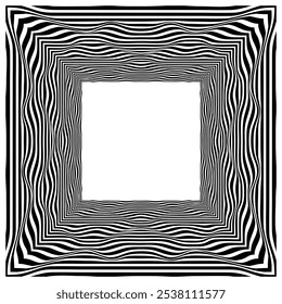Black square frame with wavy striped borders. Design in the style of optical art.