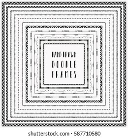 Black square frames collection with abstract tribal patterns. Vector Illustration. Hand-drawn Doodle Style