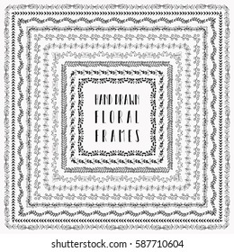 Black square frames collection with abstract floral patterns. Vector Illustration. Hand-drawn Doodle Style