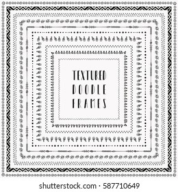 Black square frames collection with abstract tribal patterns. Vector Illustration. Hand-drawn Doodle Style