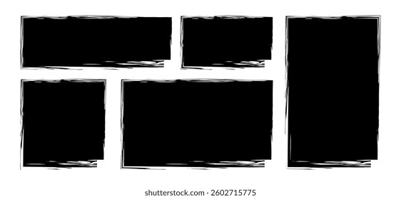 Black square frames with  Grunge brush edges. Grunge rectangle shape silhouettes collection. Textured grunge element bundle for collage, text box, banner, sticker. Vector illustration