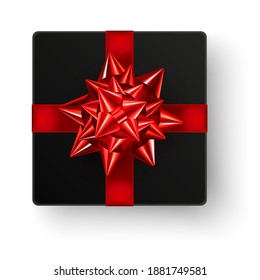 Schwarz-quadratische Geschenkbox mit großer, glänzender roter Bugband-Draufsicht einzeln auf weißem Hintergrund. Realistische Vektorgrafik des Geschenkmocks. Konzept des Pauschalangebots zu Weihnachten, Valentinstag oder Geburtstag