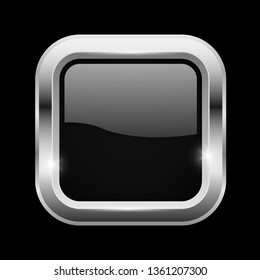Black square glass button with chrome frame. On black background. Vector 3d illustration