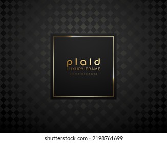 Black square with golden thin frame luxury banner. Golden text on black square label frame. Dark geometric plaid pattern background. Black friday vector illustration