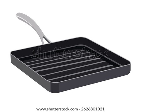 Black square grill pan with silver handle, flat design on a white background