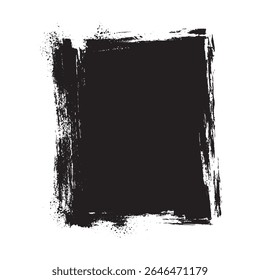 Black square grunge frame with textured paintbrush strokes and ink border on white background for poster design, modern abstract banner, street art visual or creative textured graphic template