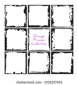 Black Square Grunge Texture Frames Collection. Set Of Vintage Photo Frames Template. Vector Ink Messy Design Border.