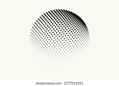 Black square halftone sphere on pale yellow background, abstract geometric pattern squares