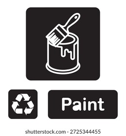 A black square icon featuring a white outline of a paint can with a brush dripping paint, accompanied by a recycling symbol and the word 'Paint'.