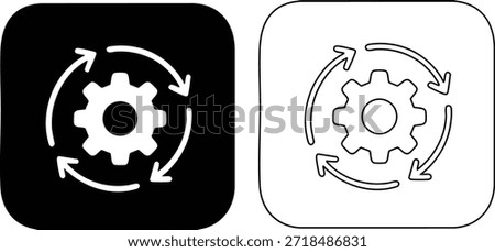 Black square icon featuring a white gear in the center with circular arrows around it isolated on a transparent background