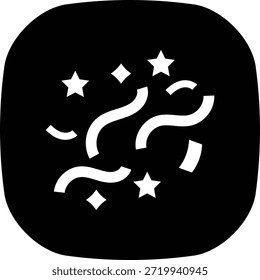 Ein schwarzes Quadrat mit abgerundeten Ecken mit weißen Konfetti, Sternen und Streamern verstreut, symbolisiert Feiern und festliche Ereignisse.
