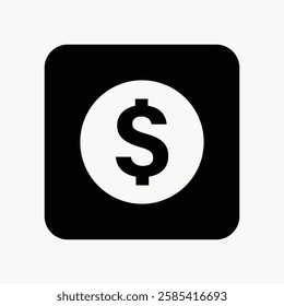 Black square icon with a white circle featuring a dollar sign. Simple dollar sign design. Currency symbol in a minimalistic style. Dollar sign icon. User interface icon vector.