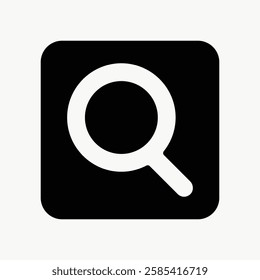 Black square icon with a white magnifying glass symbol, representing search functionality. Simple search icon for user interface design, search symbol, search tool. User interface icon vector.