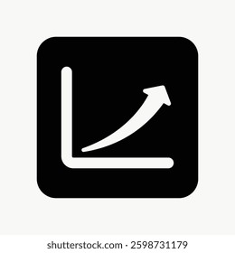 Black square icon with a white upward arrow on a graph. Represents growth, progress, and increase. Simple design, growth symbol, progress icon. User interface icon vector.