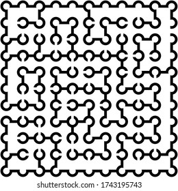 Schwarzes quadratisches Labyrinth (10x10) mit Kreisen auf weißem Hintergrund