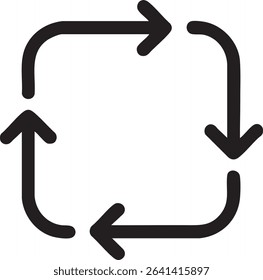 A black square made of rounded arrows pointing in a clockwise direction, isolated on a white background. Symbolizes a cycle.