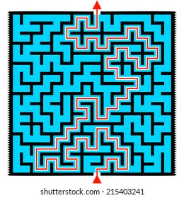 Black square maze (16x16) with help on a blue background