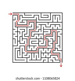 Black square maze with entrance and exit. A game for children and adults. Simple flat vector illustration isolated on white background. With the answer