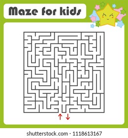 Black square maze with entrance and exit. With a lovely cartoon star. Simple flat vector illustration isolated on white background