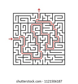 Black square maze with entrance and exit. A game for children and adults. Simple flat vector illustration isolated on white background. With the answer
