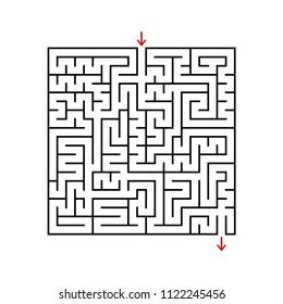 Black square maze with entrance and exit. A game for children and adults. Simple flat vector illustration isolated on white background