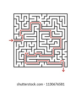 Black square maze with entrance and exit. A game for children and adults. Simple flat vector illustration isolated on white background. With the answer
